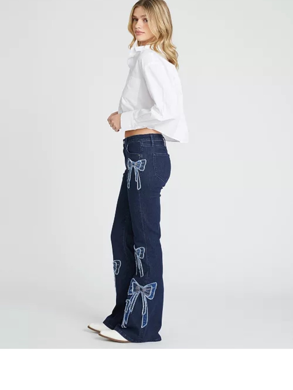 DRIFTWOOD Dark Blue Embroidered Bow Wide-Leg Jeans NWT